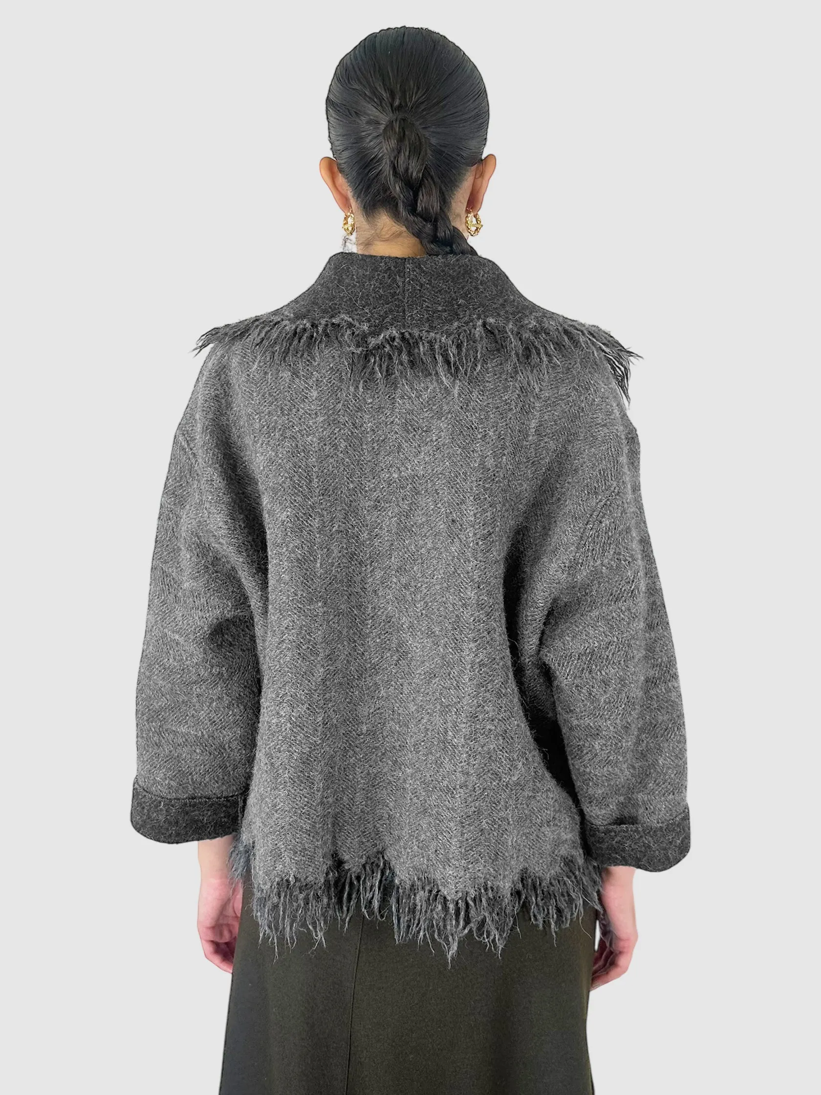 Wool Fringe Trim Double-Breasted Coat - Size M