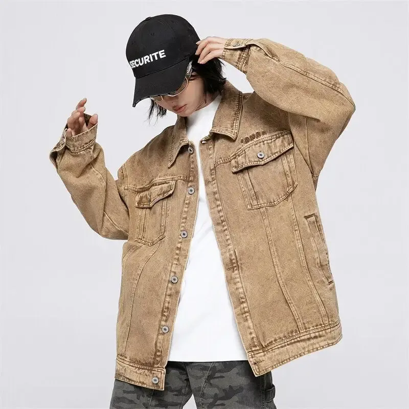 Y2K Yellow Multi-Pocket Denim Jacket with Military-Style Pockets
