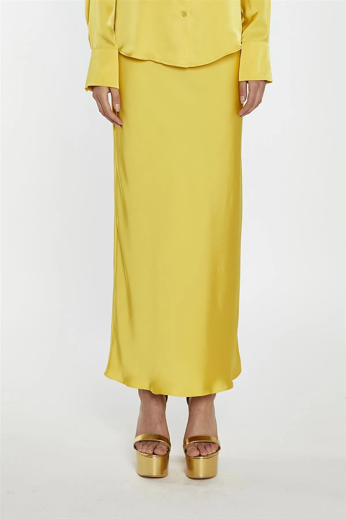 Yellow Satin Bias-Cut Midi-Skirt
