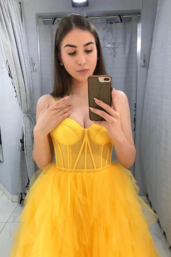 Yellow Tulle A-line Spaghetti Straps Sweetheart Prom Dresses Party Dress, SP970